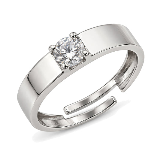 Clear Stone Solitaire Wide Band Ring - Silver Plated, product view