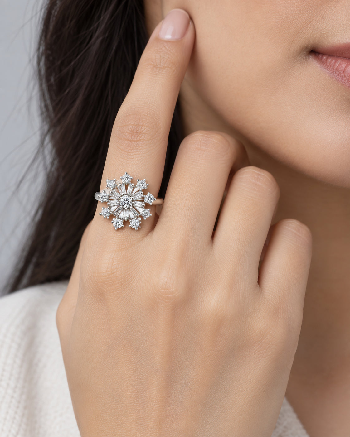 Clear Floral Starburst Ring - Silver Plated worn on hand