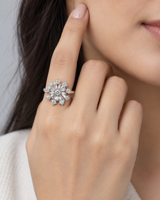 Clear Floral Starburst Ring - Silver Plated worn on hand
