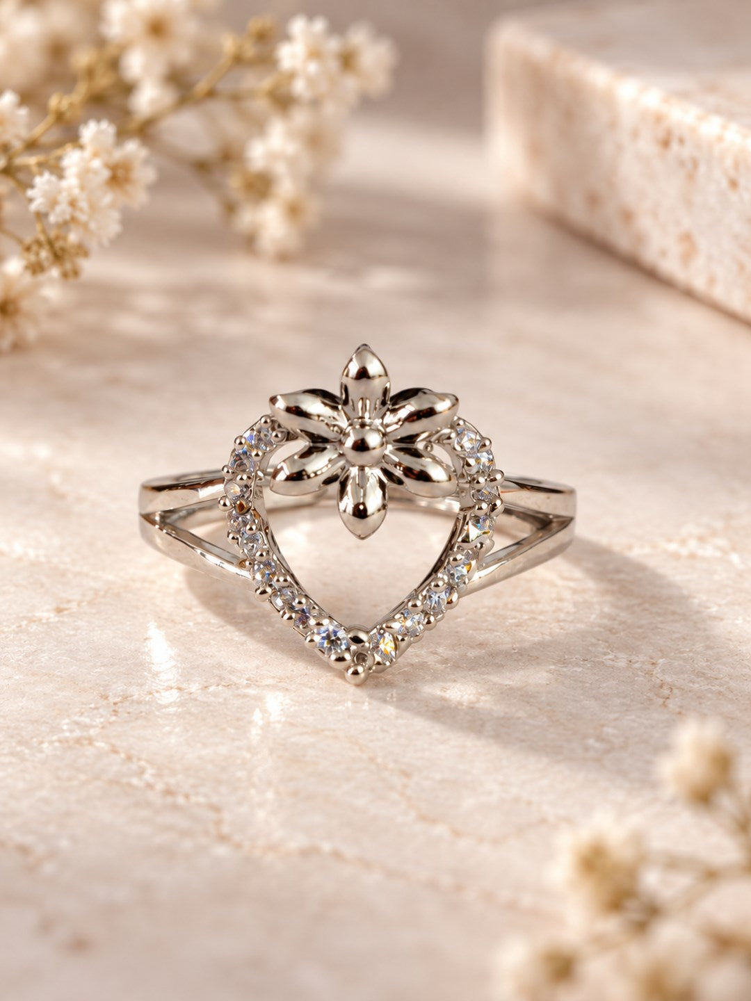 Clear Heart and Flower Ring - Silver Plated