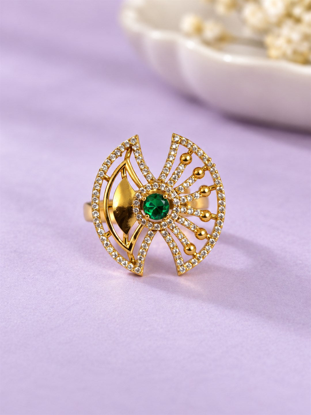 Green Stone Openwork Fan Ring - Gold Plated, additional view 3