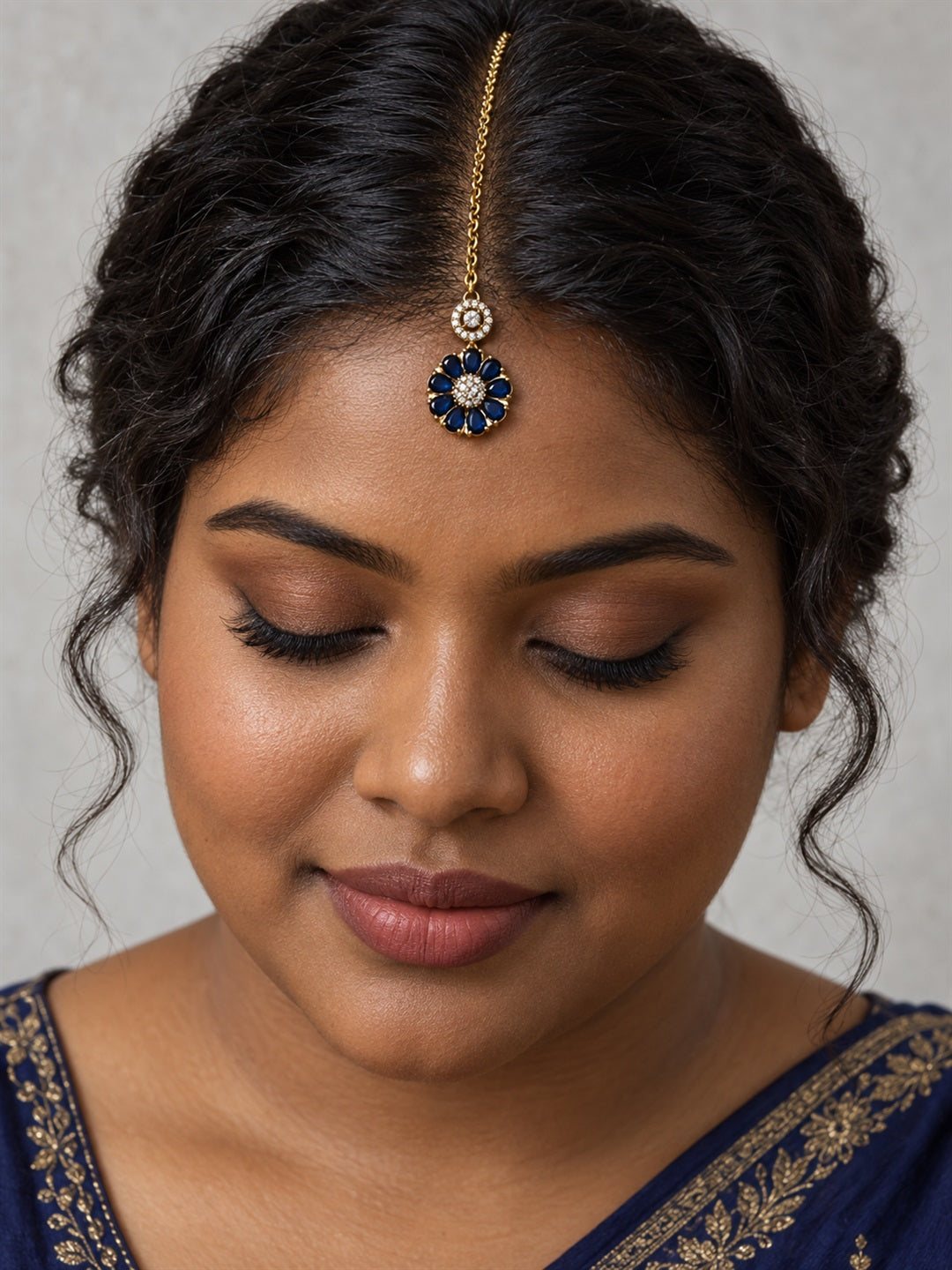 Blue Teardrop Floral Maang Tikka - Gold Plated, model close-up