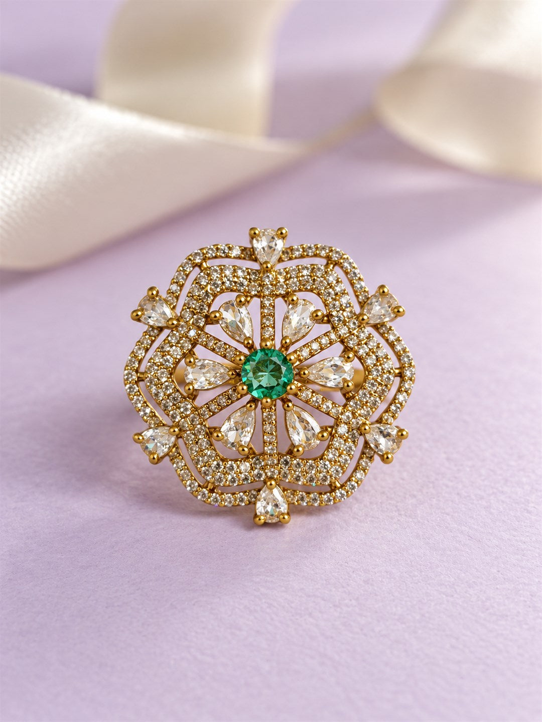Sea Green Stone Scalloped Floral Halo Ring - Gold Plated, additional view 4