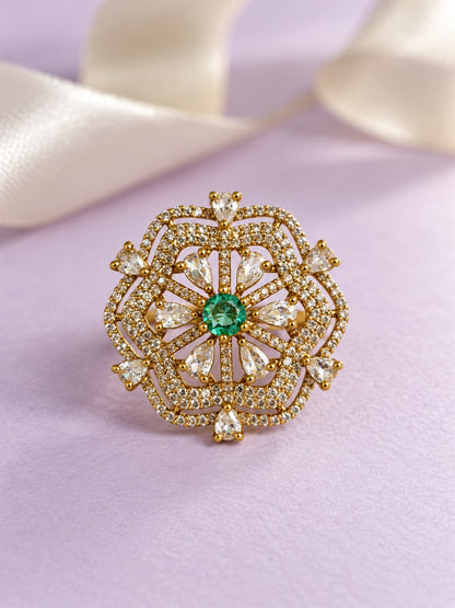 Sea Green Stone Scalloped Floral Halo Ring - Gold Plated, additional view 4