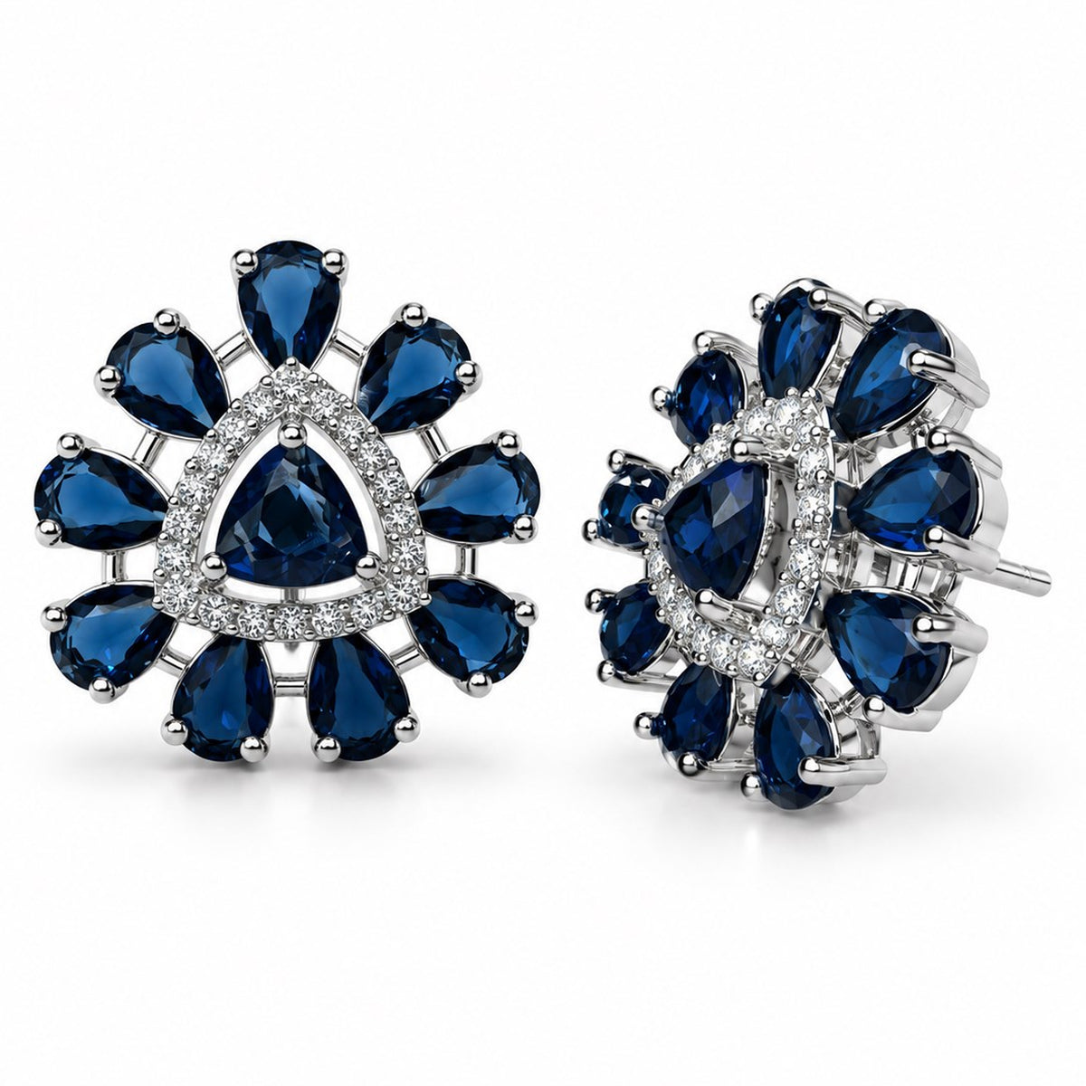 Blue Teardrop Halo Stud Earrings in silver plating