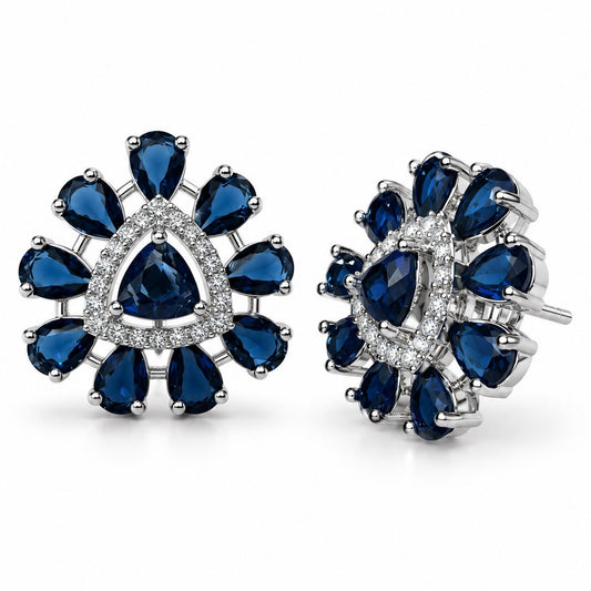 Blue Teardrop Halo Stud Earrings in silver plating