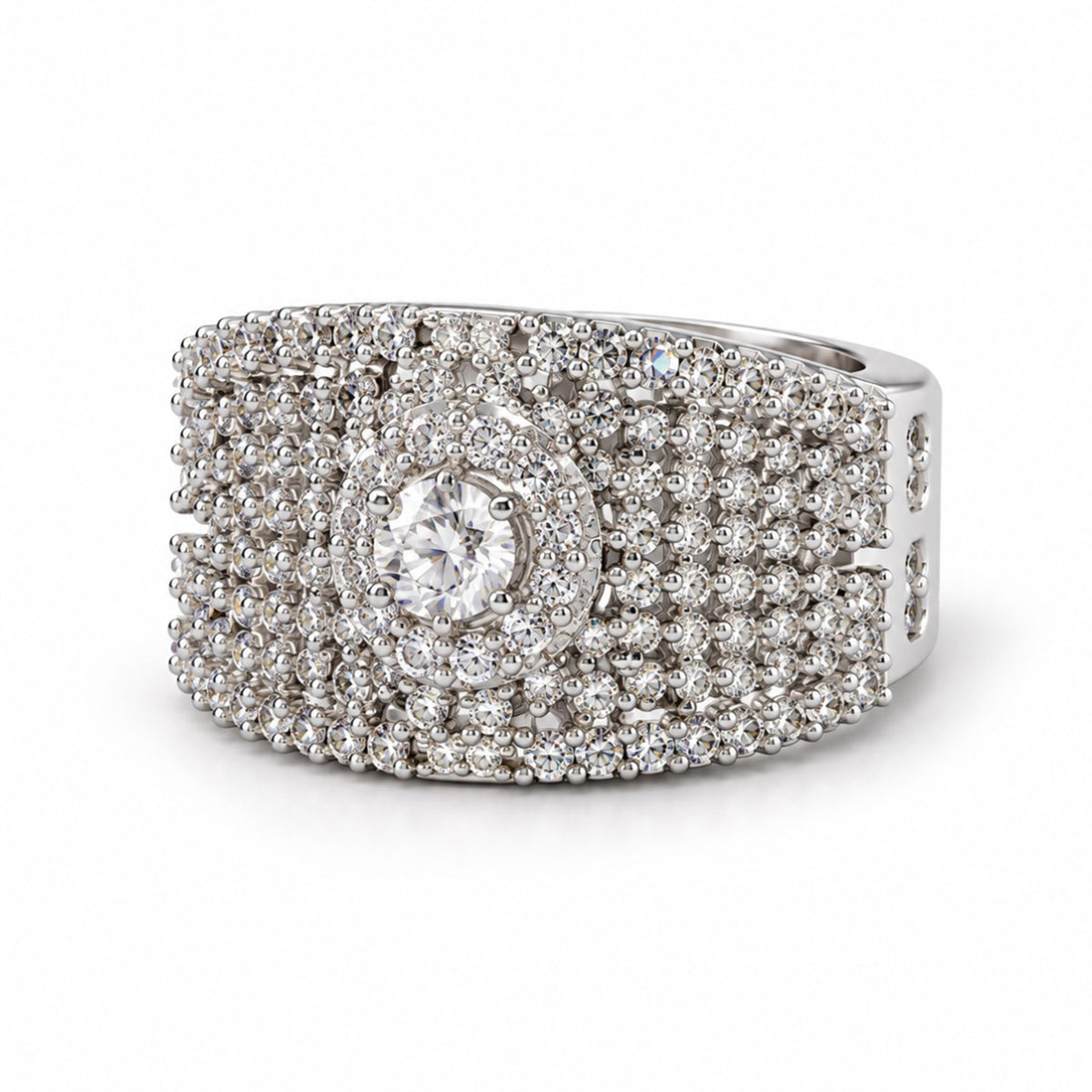 Clear Wide Pave Halo Band Ring - Silver Plated