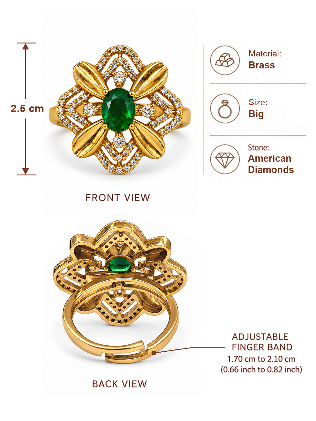 Green Stone Four Petal Floral Ring - Gold Plated, additional view 6