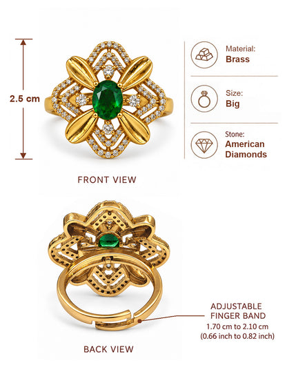 Green Stone Four Petal Floral Ring - Gold Plated, additional view 6