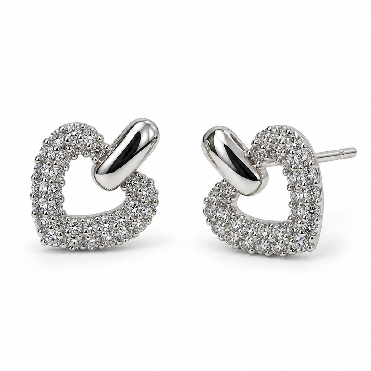 Clear Pave Open Heart Stud Earrings, silver plated