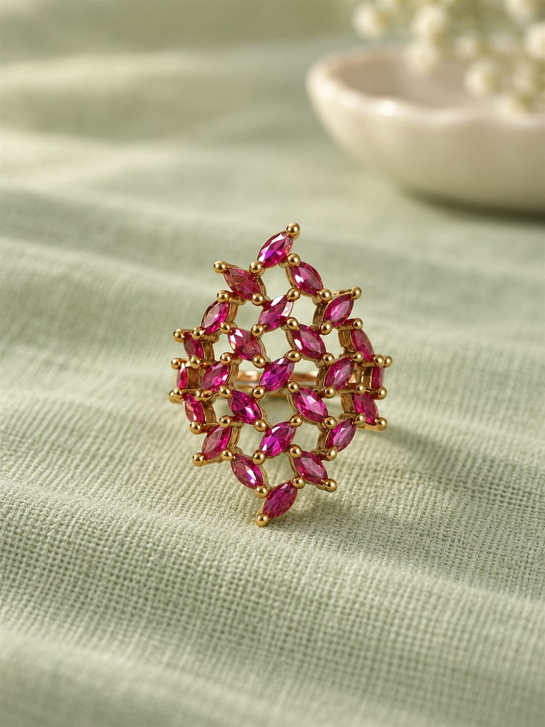 Red Stone Marquise Lattice Ring - Gold Plated, additional view 3