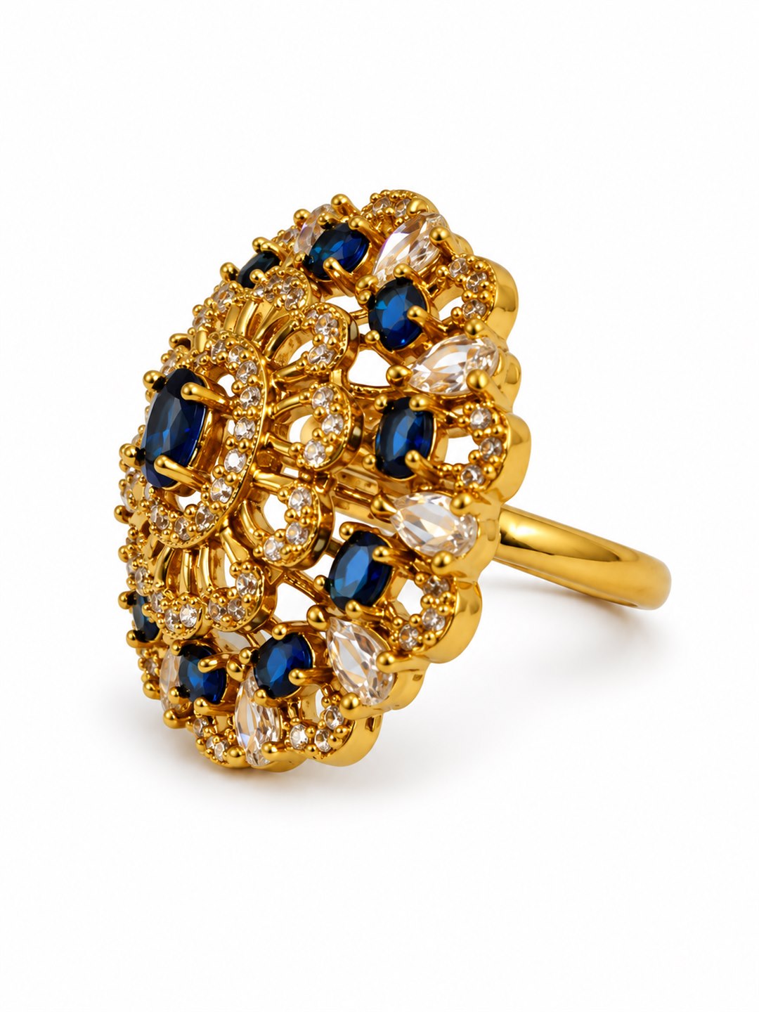Blue Stone Ornate Floral Cluster Ring - Gold Plated, additional view 1