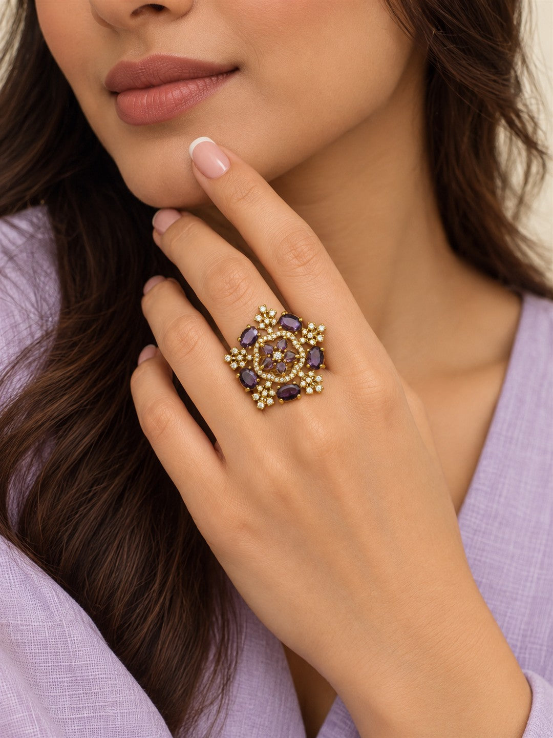 Purple Stone Floral Cross Cluster Ring - Gold Plated, model close-up