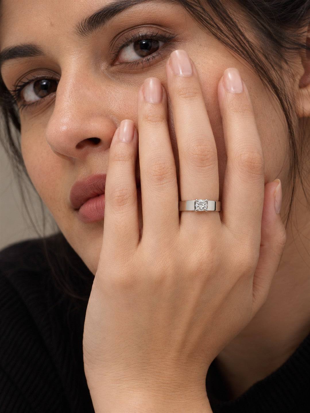 Clear Stone Solitaire Wide Band Ring - Silver Plated, model close-up