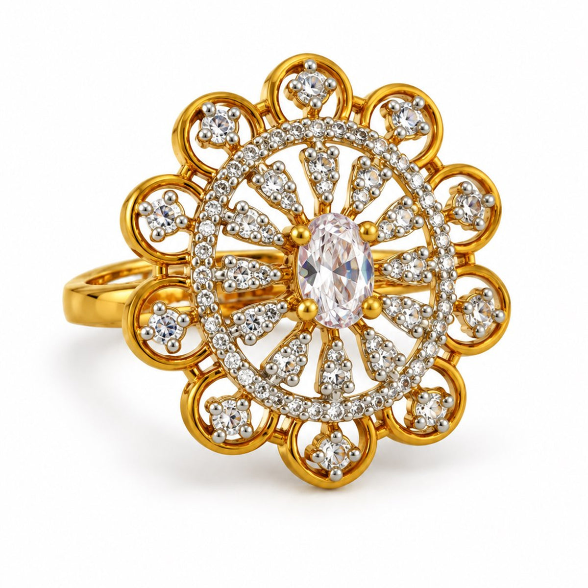 Clear Stone Scalloped Sunburst Ring - Gold Plated, product view