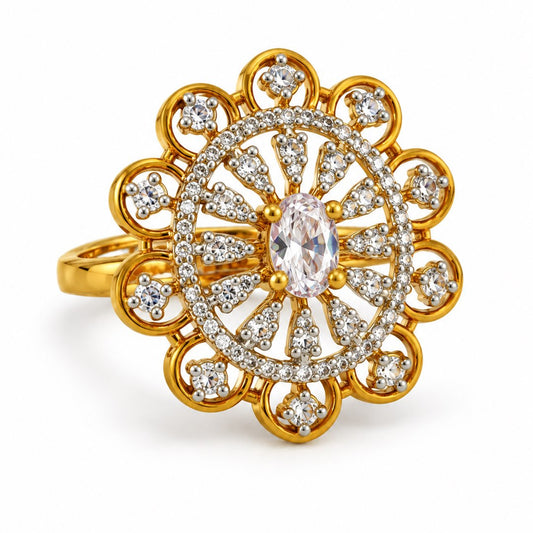Clear Stone Scalloped Sunburst Ring - Gold Plated, product view