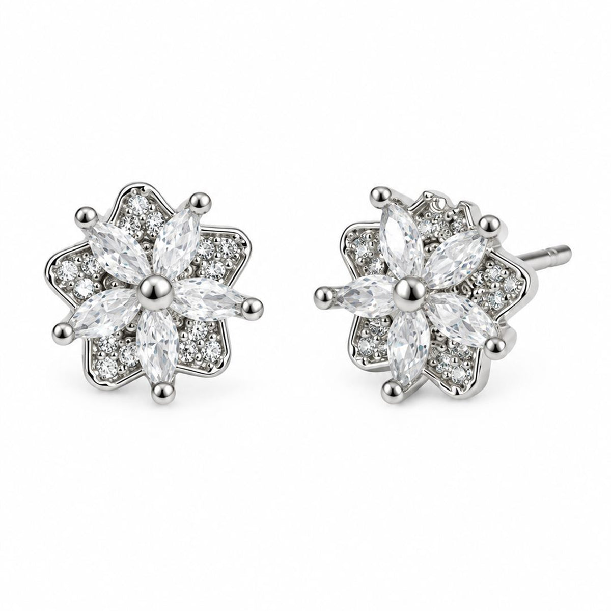 Clear Marquise Floral Cluster Stud Earrings, silver plated