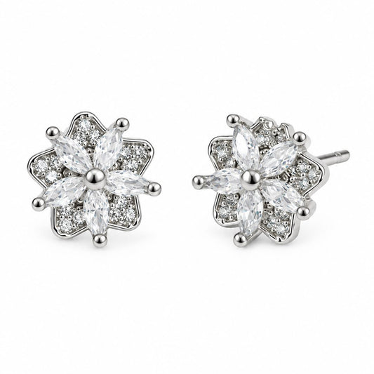 Clear Marquise Floral Cluster Stud Earrings, silver plated