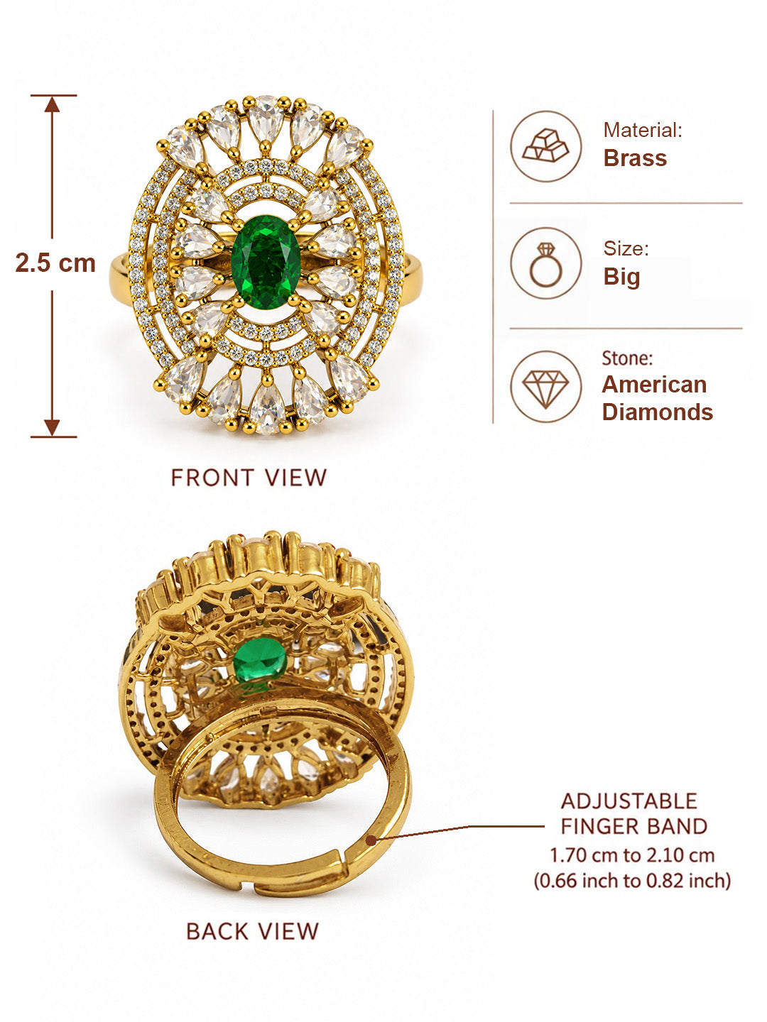 Green Stone Oval Teardrop Halo Ring - Gold Plated, additional view 6