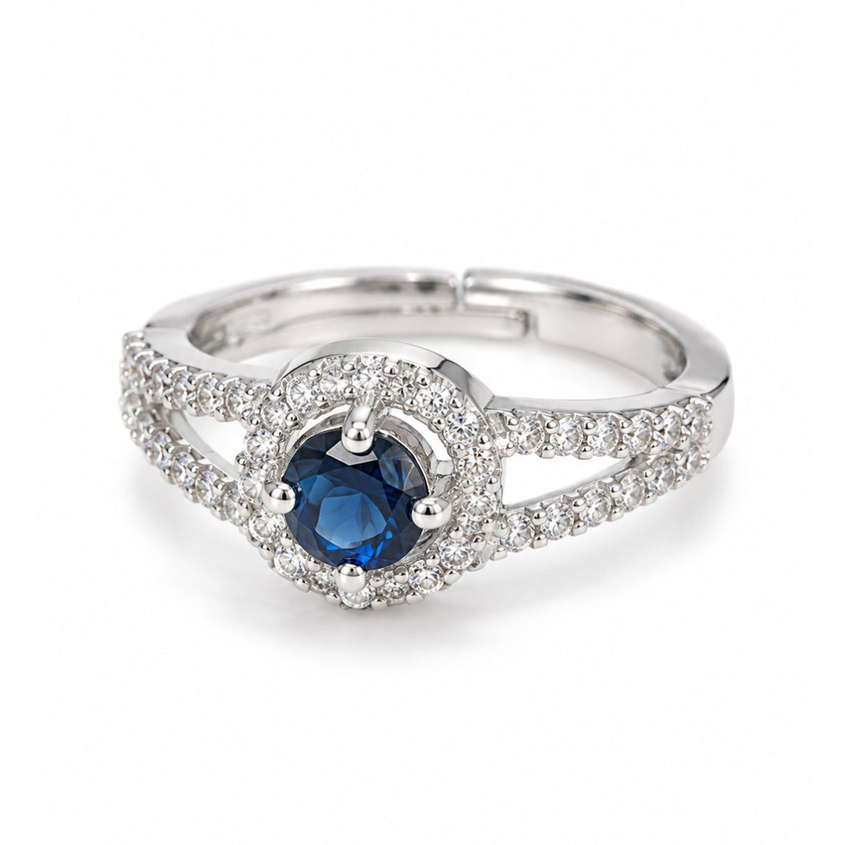 Blue Round Halo Split-Shank Ring - Silver Plated