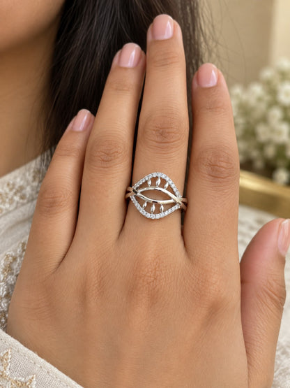 Clear Double Leaf Openwork Ring - Silver Plated worn on hand