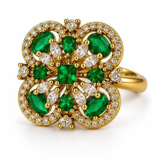 Green Stone Four Leaf Clover Cluster Ring - Gold Plated, product view