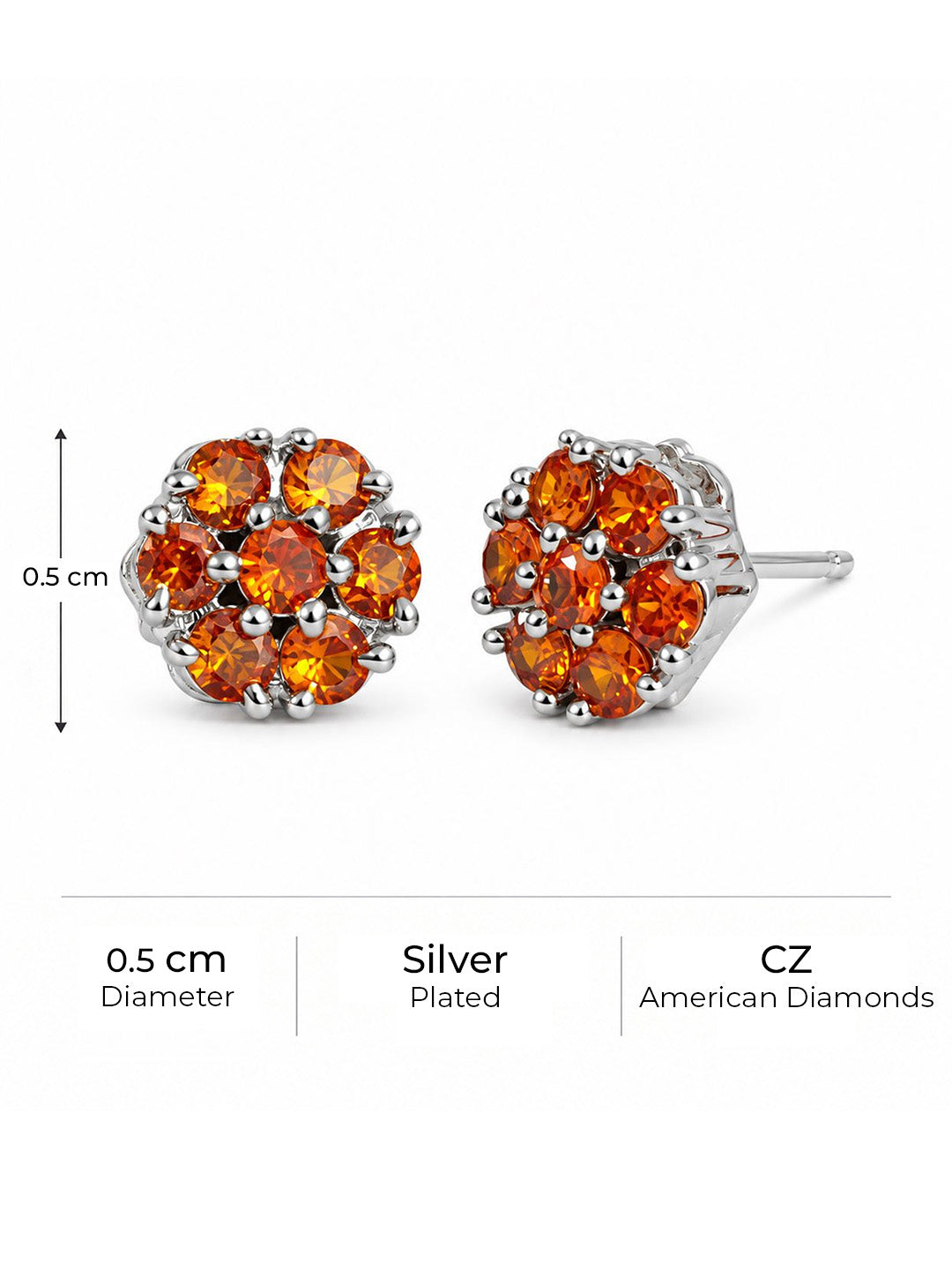 Orange Stone Floral Cluster Stud Earrings, silver plated, size and plating details