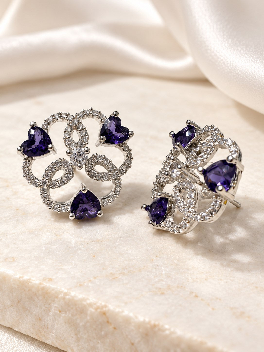 Purple Heart Stone Openwork Floral Stud Earrings in silver plating