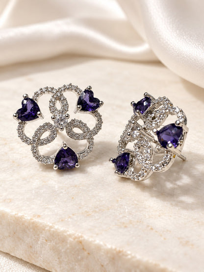 Purple Heart Stone Openwork Floral Stud Earrings in silver plating