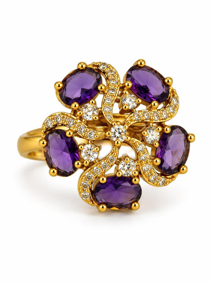 Purple Stone Five Petal Swirl Ring - Gold Plated, additional view 1