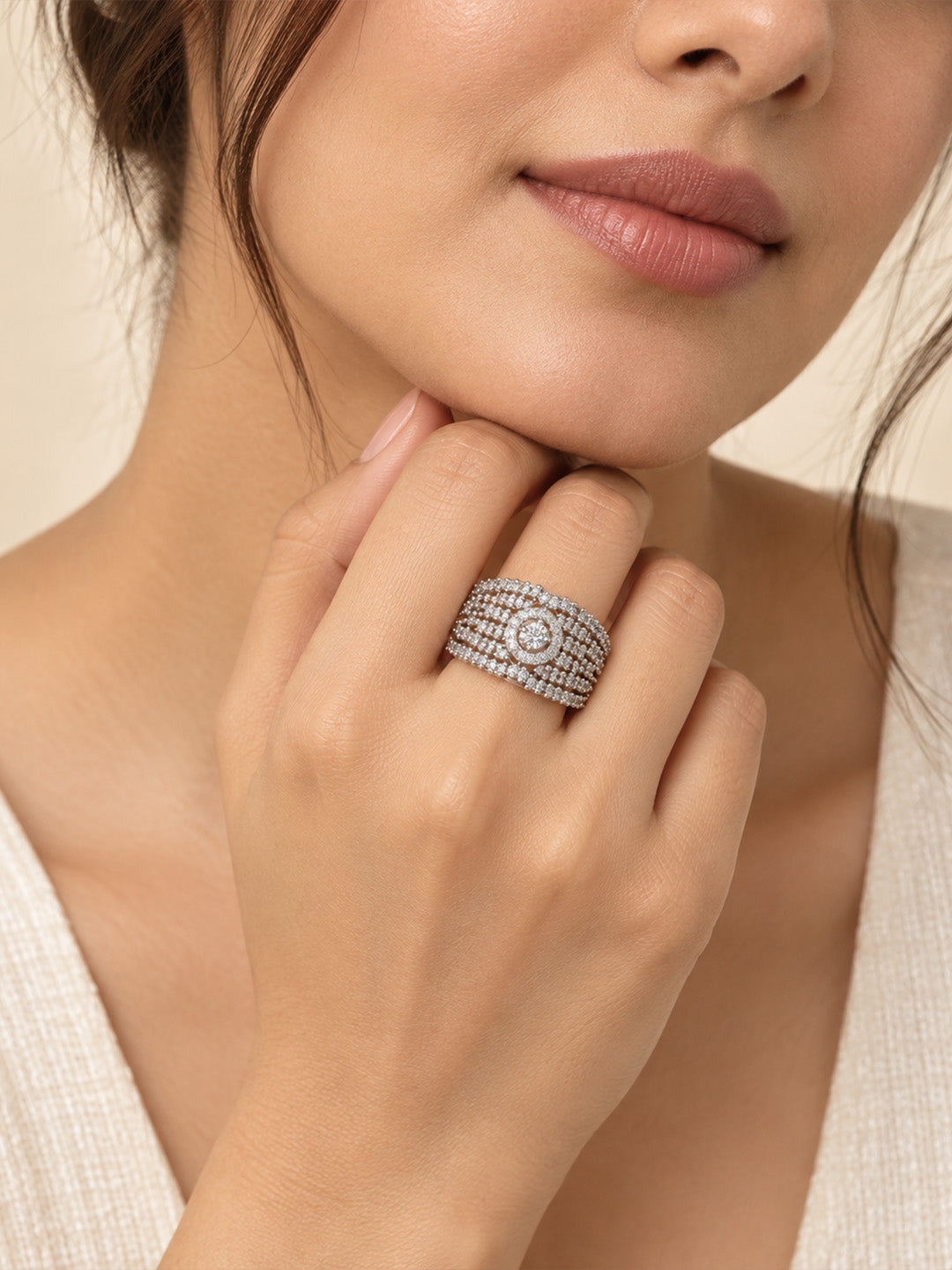 Clear Wide Pave Halo Band Ring - Silver Plated worn on hand