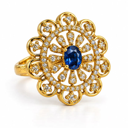 Blue Stone Scalloped Sunburst Ring - Gold Plated, product view