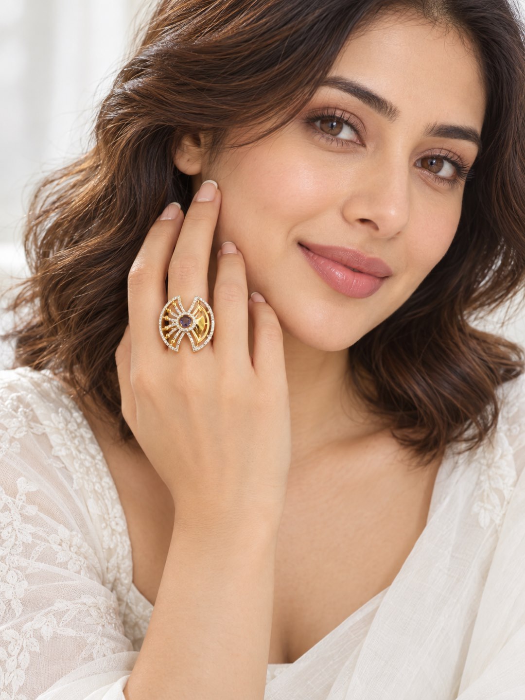 Purple Center Stone Fan Motif Ring - Gold Plated