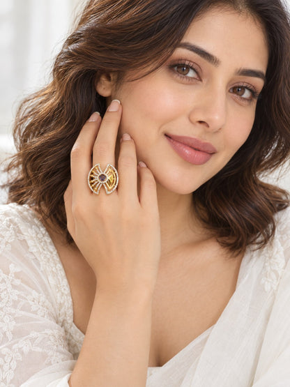 Purple Center Stone Fan Motif Ring - Gold Plated