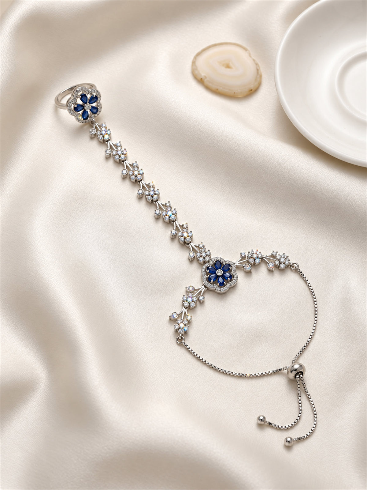 Blue silver-plated floral marquise-stone chain hathphool