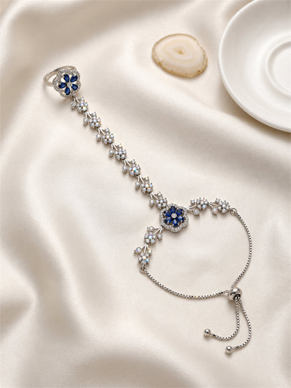 Blue silver-plated floral marquise-stone chain hathphool