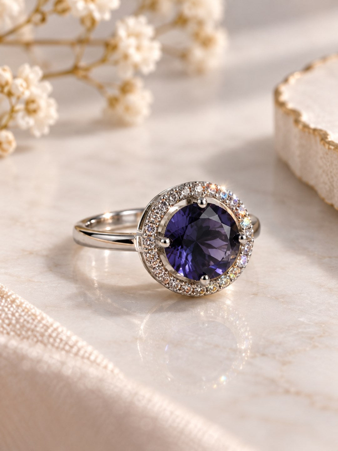 Purple Round Solitaire Halo Ring - Silver Plated