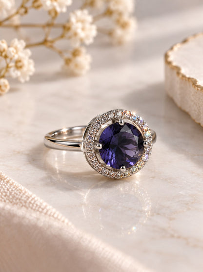 Purple Round Solitaire Halo Ring - Silver Plated
