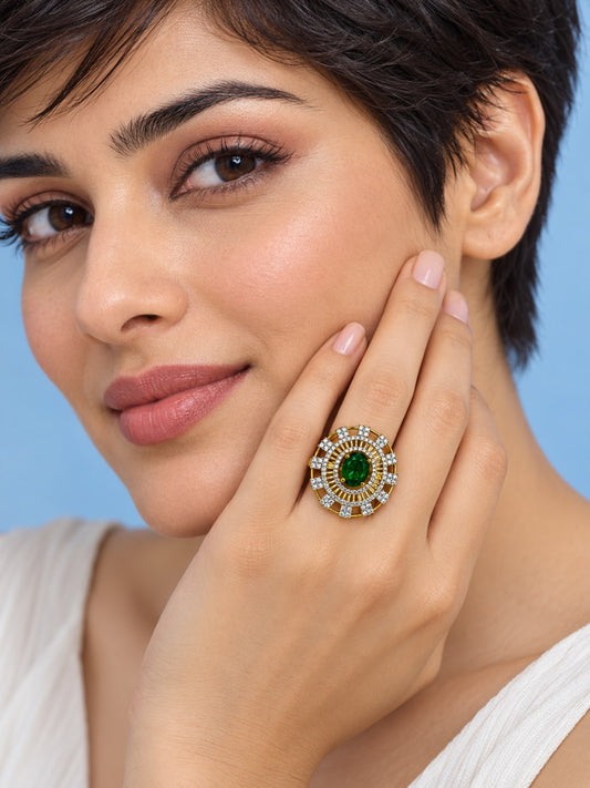 Green Center Stone Baguette Halo Ring - Gold Plated - model close-up