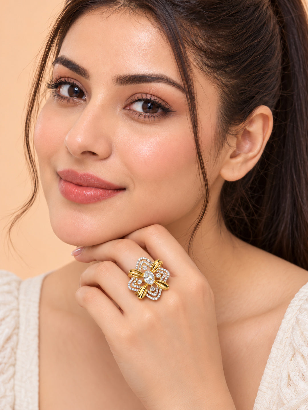 White Center Stone Four-Petal Floral Ring - Gold Plated - model close-up