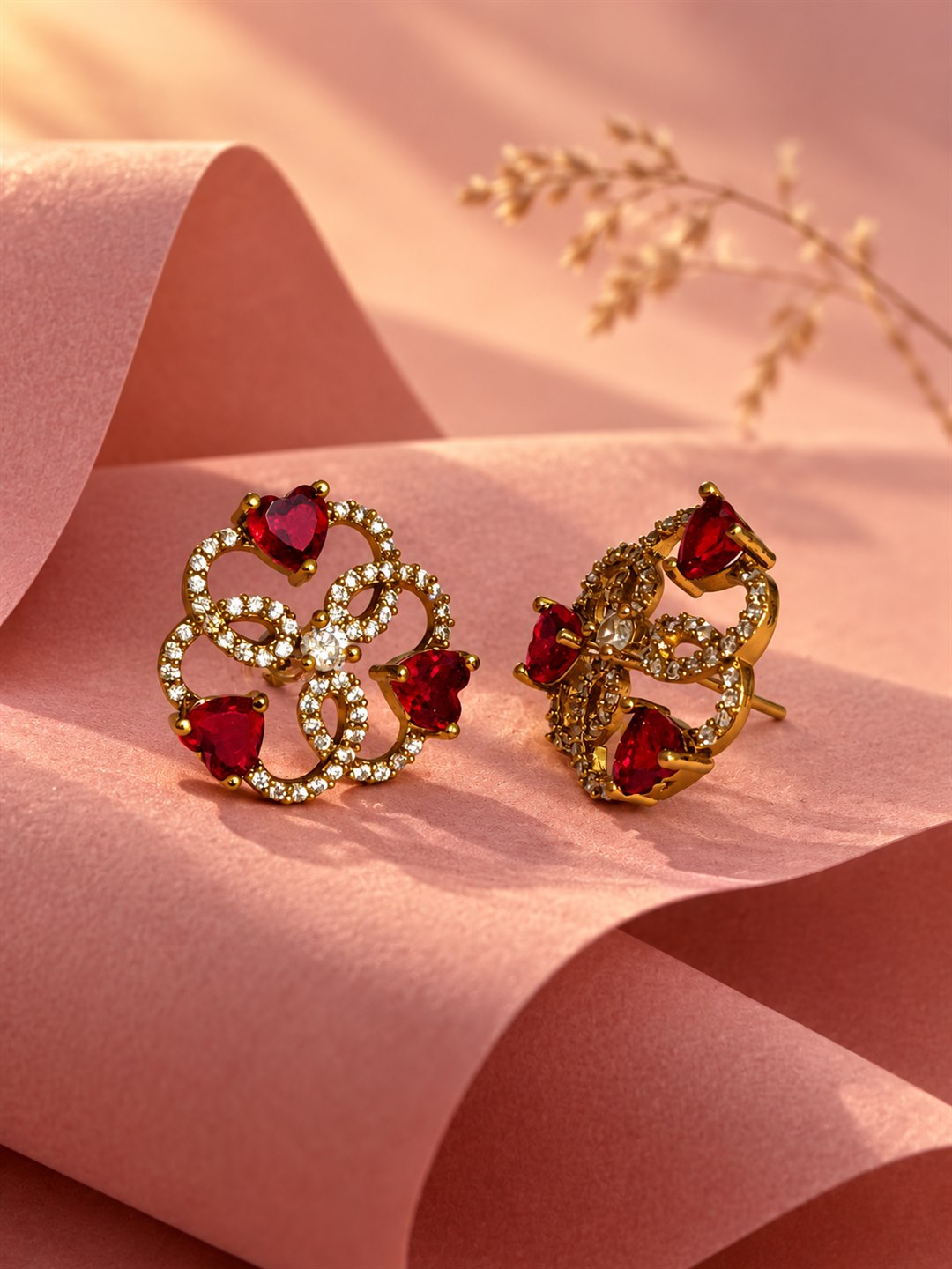 Red Three Heart Openwork Floral Stud Earrings - Gold Plated