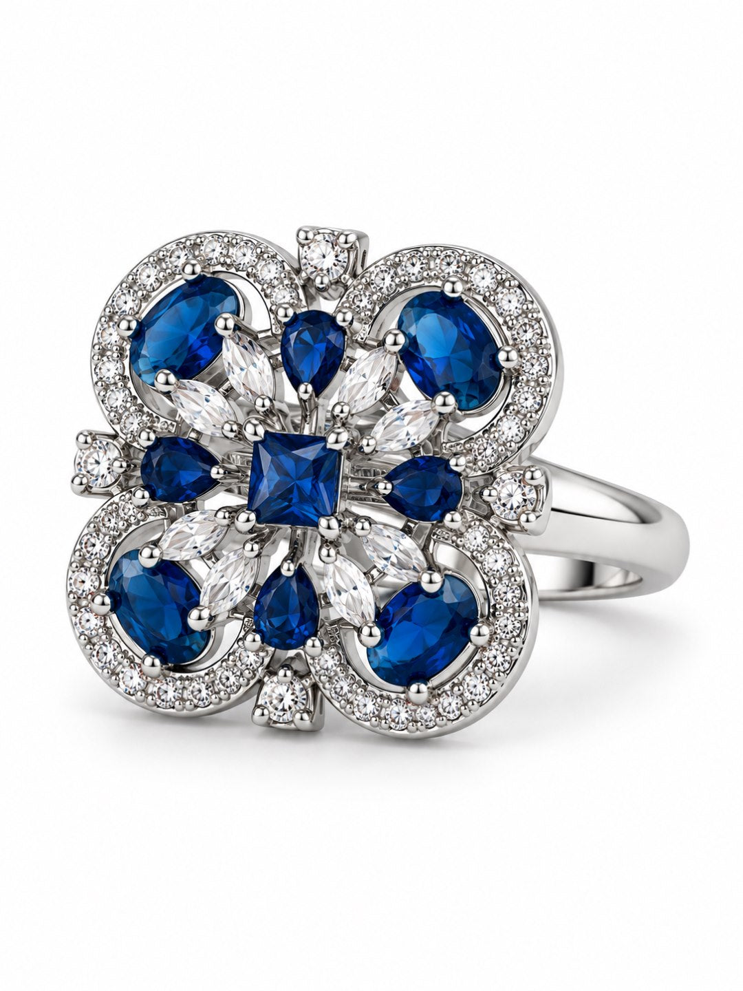 Blue Square Center Quatrefoil Ring - Silver Plated - alternate view