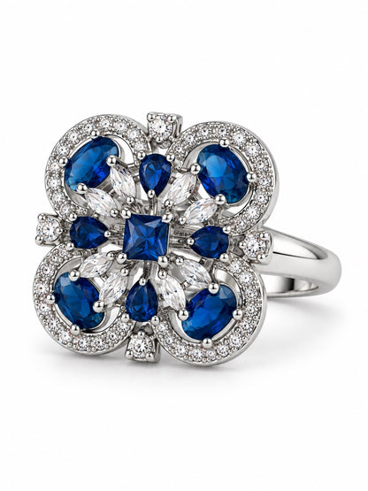 Blue Square Center Quatrefoil Ring - Silver Plated - alternate view