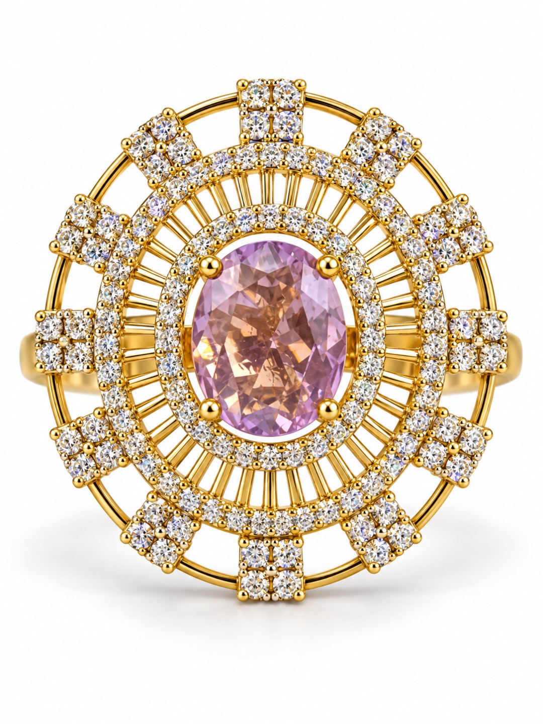 Lavender Center Stone Baguette Halo Ring - Gold Plated