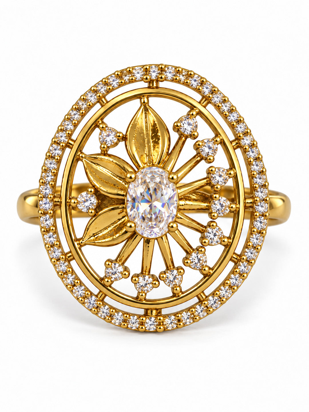 Clear Stone Oval Sunburst Ring - Gold Plated, additional view 4