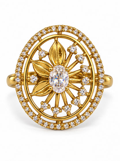 Clear Stone Oval Sunburst Ring - Gold Plated, additional view 4