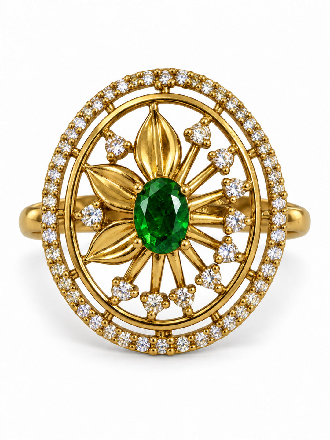 Green Stone Oval Sunburst Ring - Gold Plated, additional view 4