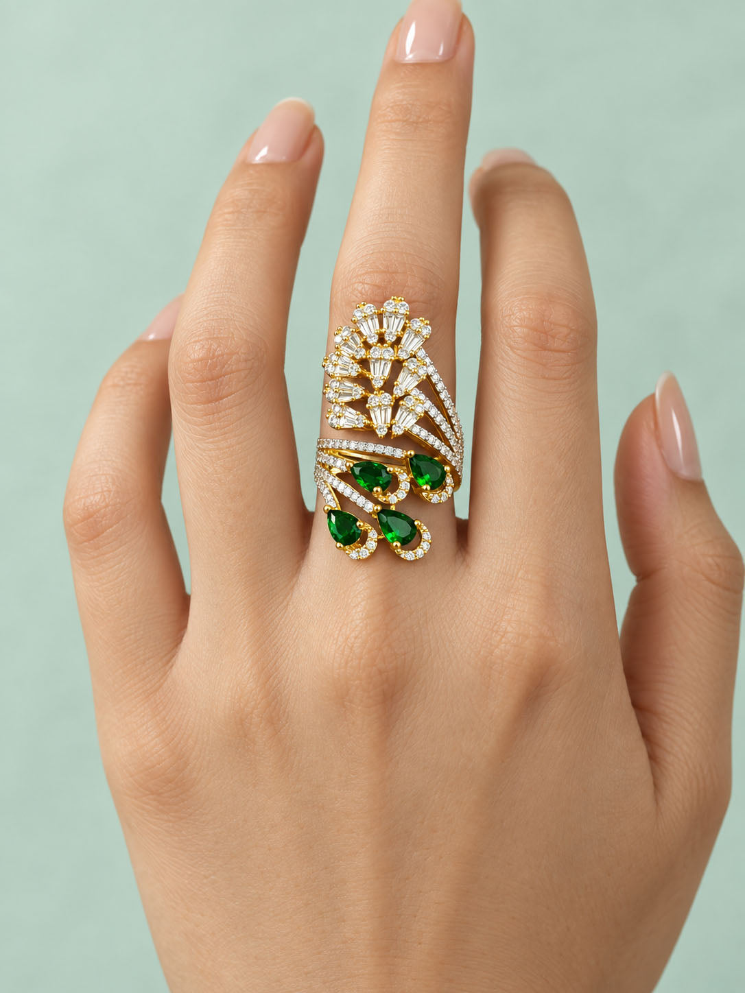 Gold Plated Green AD Adjustable Cocktail Ring For Women - model close-up