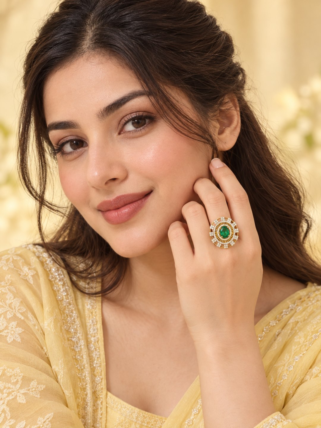 Sea Green Center Stone Baguette Halo Ring - Gold Plated