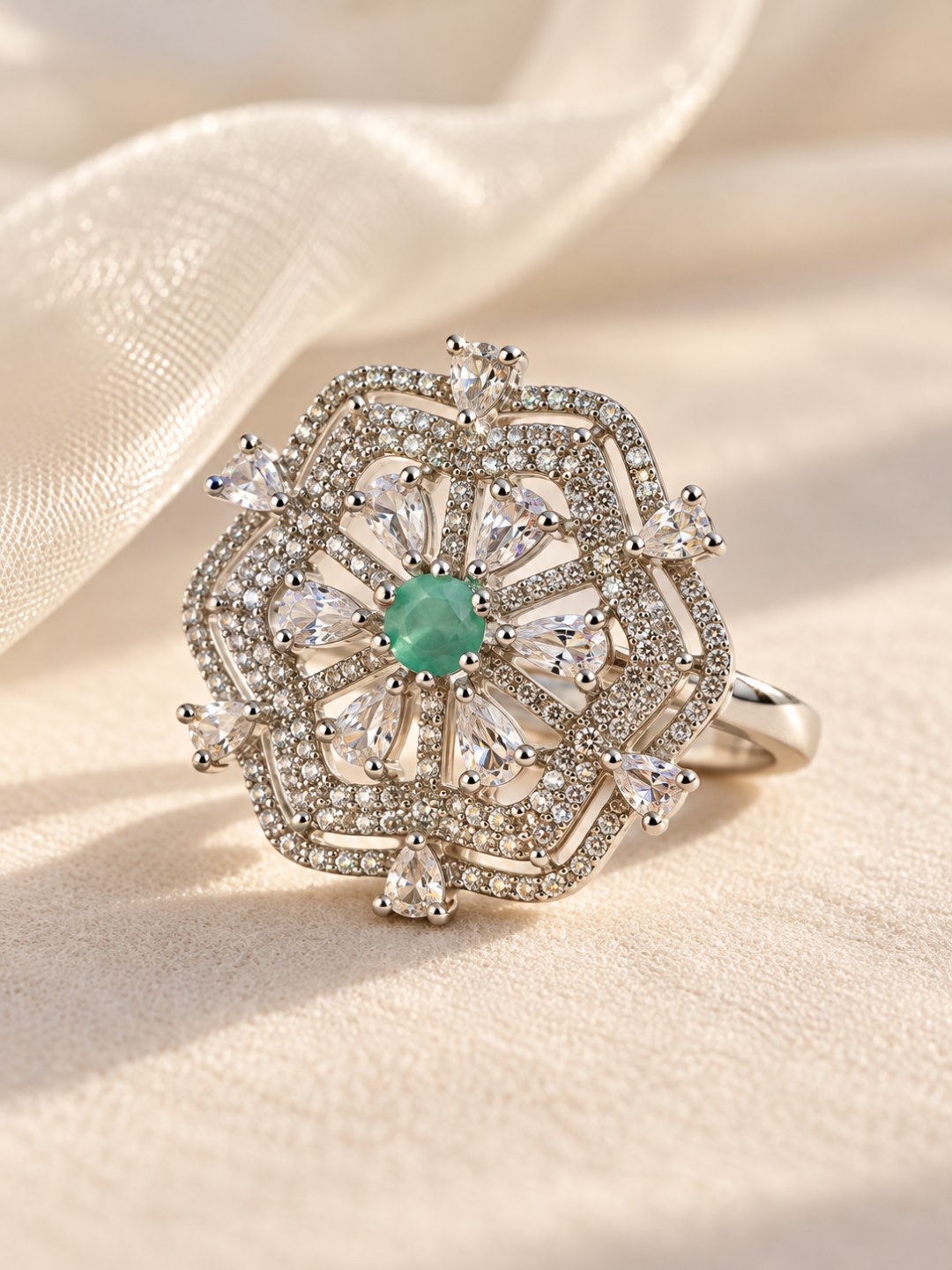 Mint Green Round Center Geometric Flower Ring - Silver Plated - alternate view